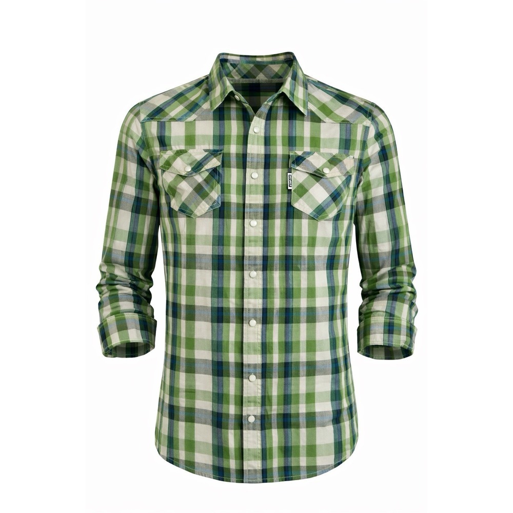 Levis Plaid Pearl Snap Western Shirt M Mens Green Blue Long Sleeve Button Front